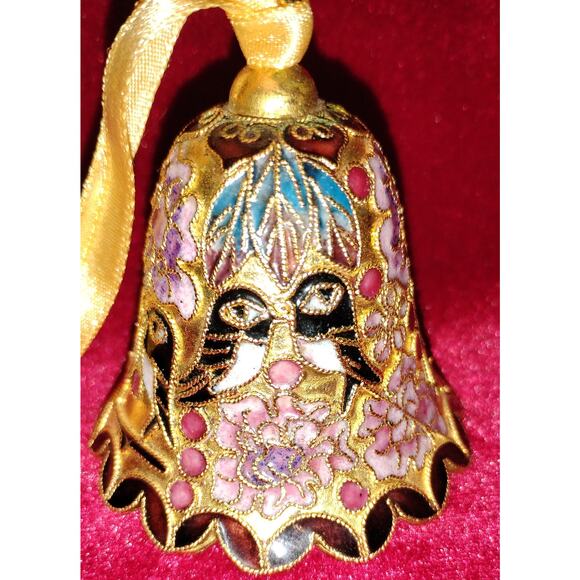 Cloisonné Enamel Bell Ornament 2.5” Vintage Birds & Flowers - Picture 2 of 4
